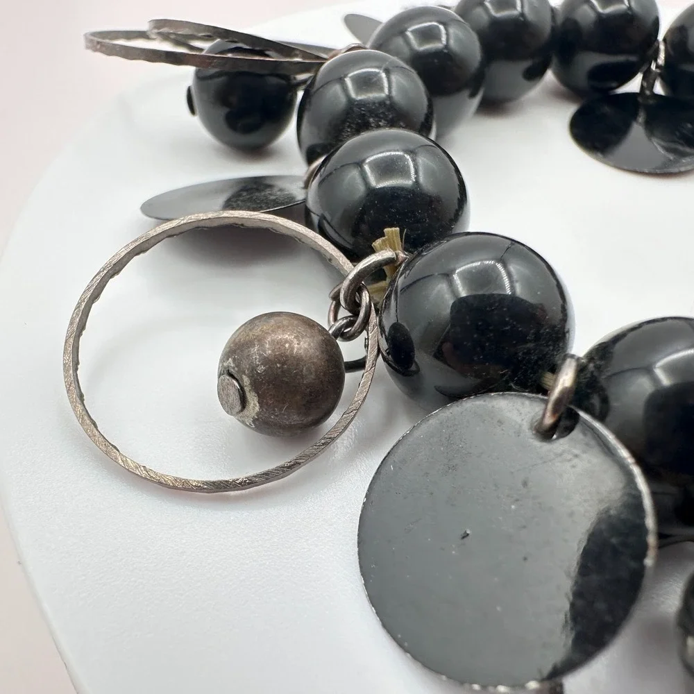 Vintage 90s Silver Tone Black Beaded Charm Bracelet Women's Jewelry